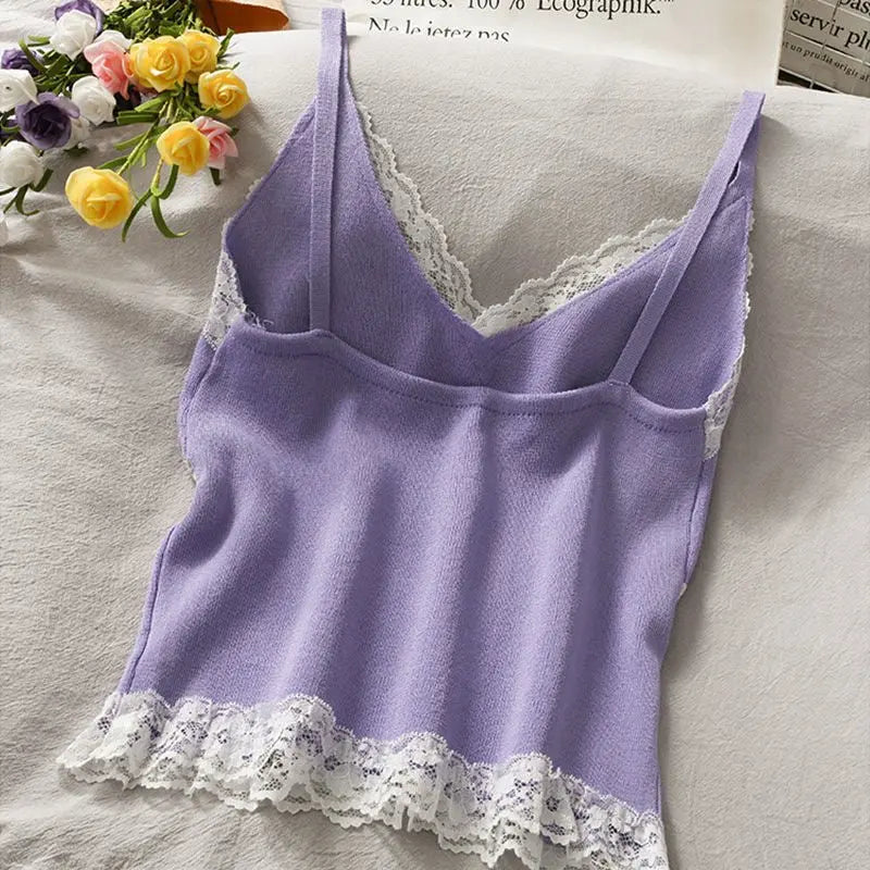 Lace Cami Y2k Tank Top Female V Neck Sleeveless Sexy Blouse Cropped Camisole Knitwear nowadaysfashion