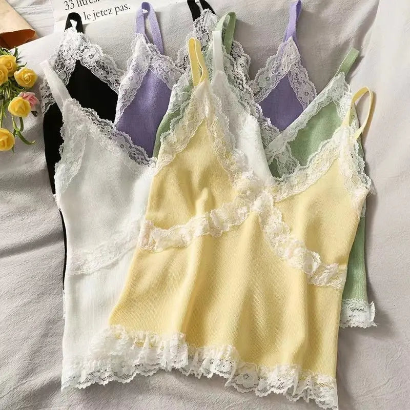 Lace Cami Y2k Tank Top Female V Neck Sleeveless Sexy Blouse Cropped Camisole Knitwear - Blade & Thread