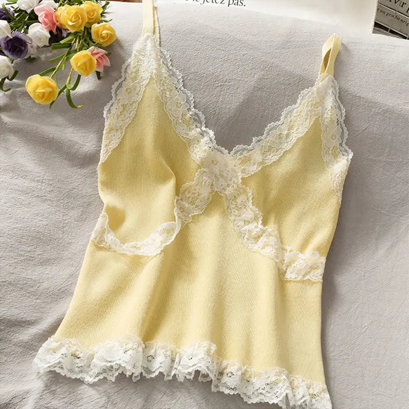 Lace Cami Y2k Tank Top Female V Neck Sleeveless Sexy Blouse Cropped Camisole Knitwear - Blade & Thread