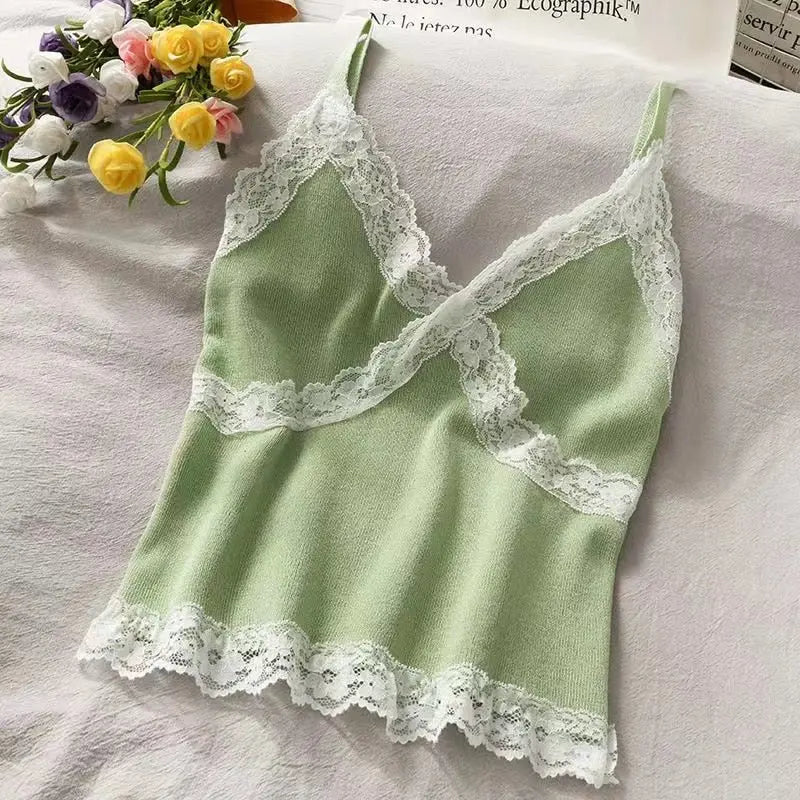 Lace Cami Y2k Tank Top Female V Neck Sleeveless Sexy Blouse Cropped Camisole Knitwear nowadaysfashion