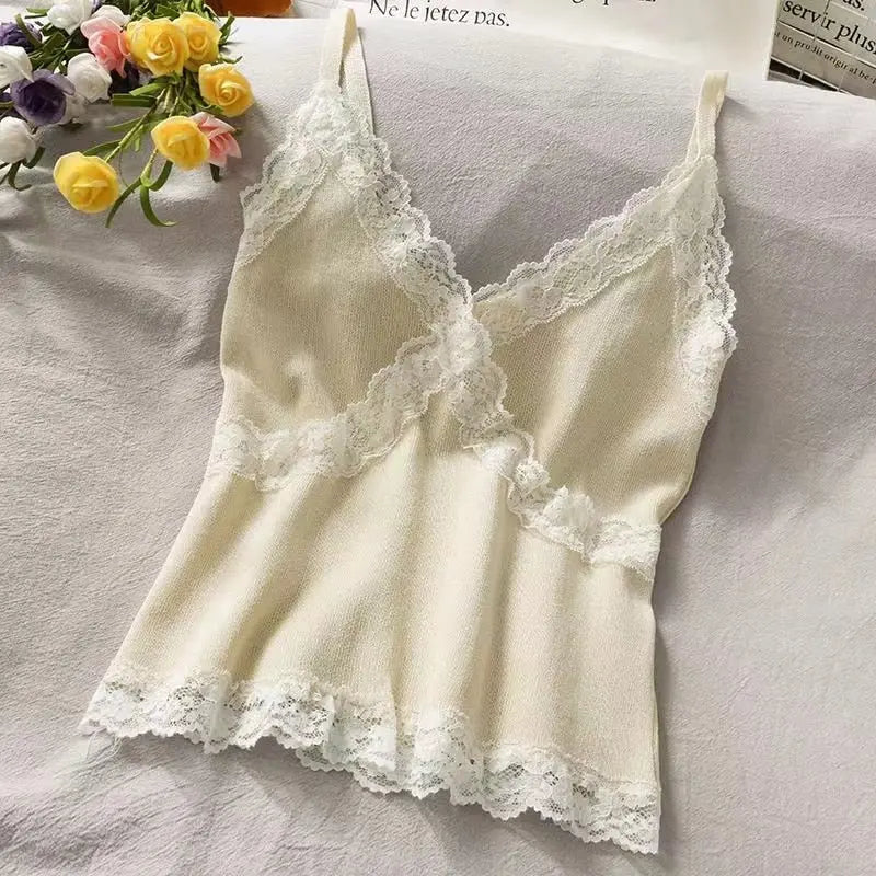 Lace Cami Y2k Tank Top Female V Neck Sleeveless Sexy Blouse Cropped Camisole Knitwear nowadaysfashion