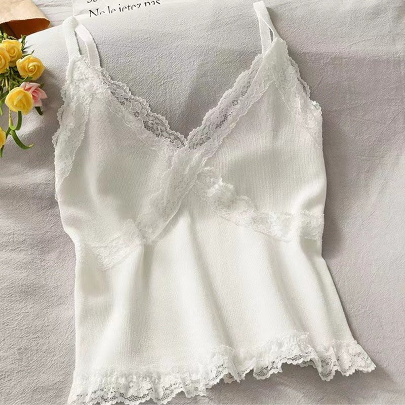 Lace Cami Y2k Tank Top Female V Neck Sleeveless Sexy Blouse Cropped Camisole Knitwear - Blade & Thread