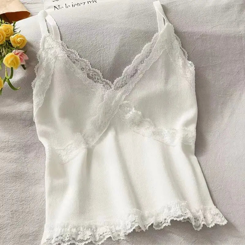 Lace Cami Y2k Tank Top Female V Neck Sleeveless Sexy Blouse Cropped Camisole Knitwear nowadaysfashion