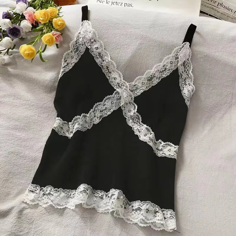Lace Cami Y2k Tank Top Female V Neck Sleeveless Sexy Blouse Cropped Camisole Knitwear - Blade & Thread