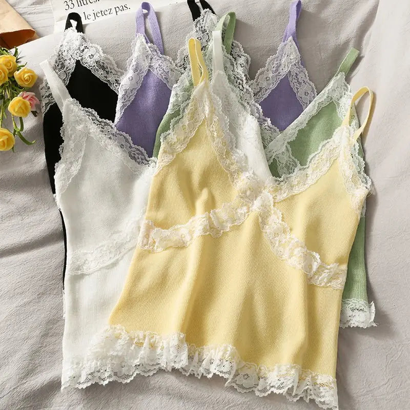 Lace Cami Y2k Tank Top Female V Neck Sleeveless Sexy Blouse Cropped Camisole Knitwear - Blade & Thread