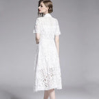 Lace Hollow Out Stand Collar Short Sleeve Dress High Waist Mid-calf Dress nowadaysfashion