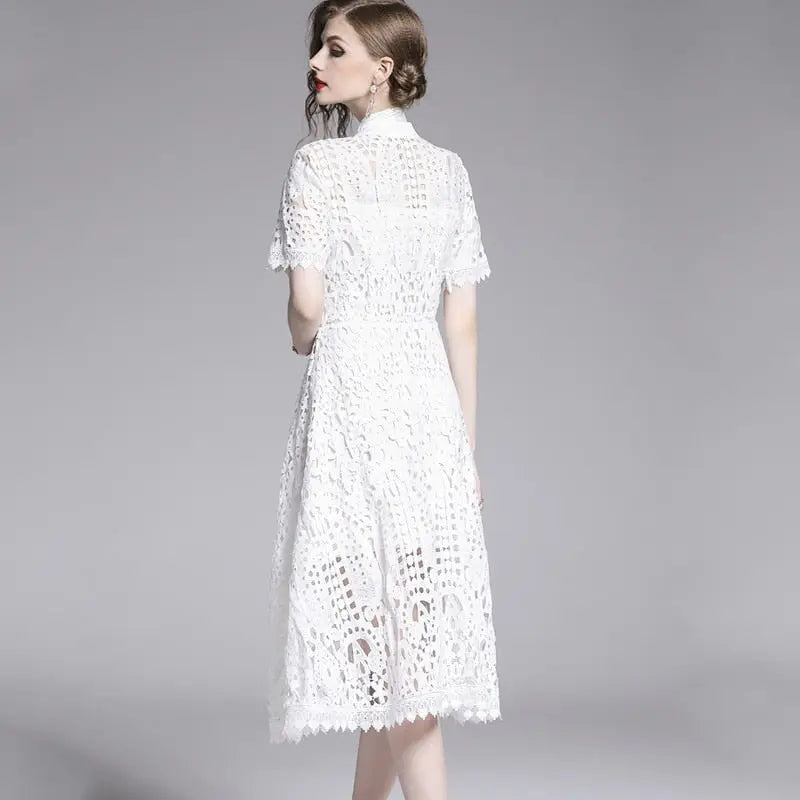 Lace Hollow Out Stand Collar Short Sleeve Dress High Waist Mid-calf Dress - Blade & Thread