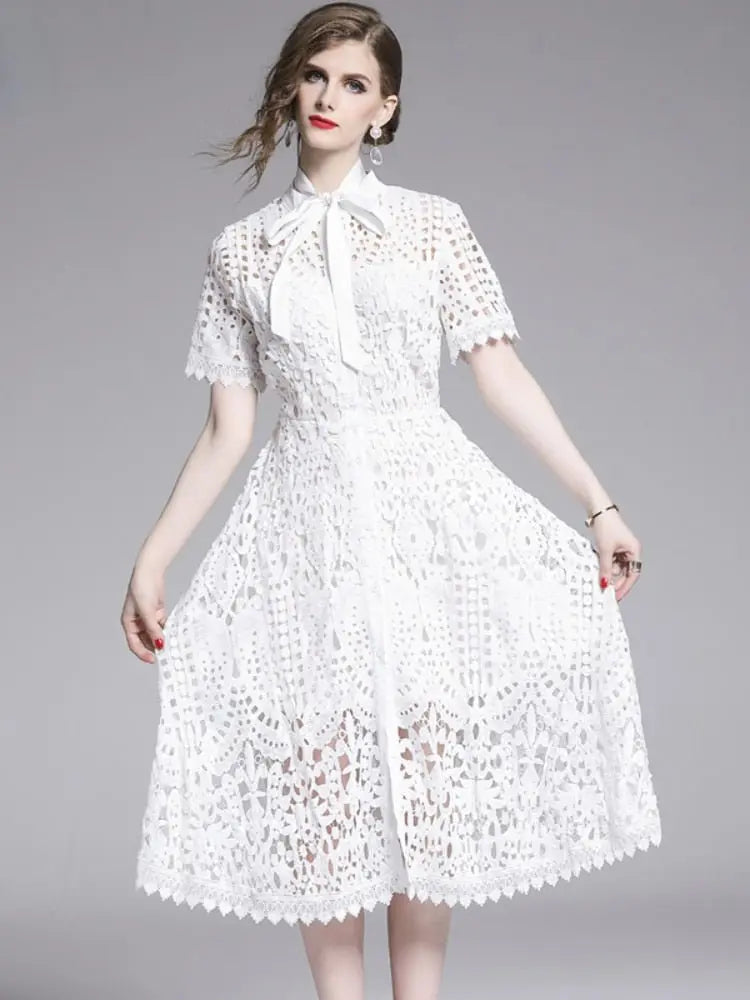 Lace Hollow Out Stand Collar Short Sleeve Dress High Waist Mid-calf Dress - Blade & Thread