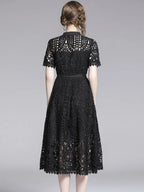 Lace Hollow Out Stand Collar Short Sleeve Dress High Waist Mid-calf Dress nowadaysfashion