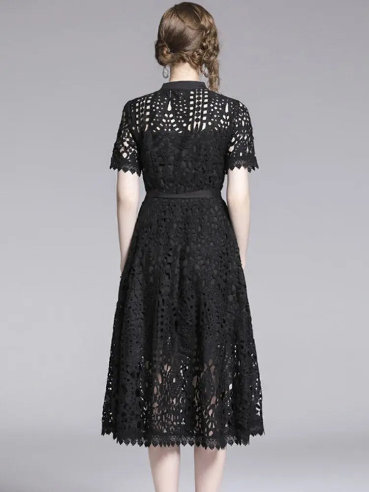 Lace Hollow Out Stand Collar Short Sleeve Dress High Waist Mid-calf Dress - Blade & Thread