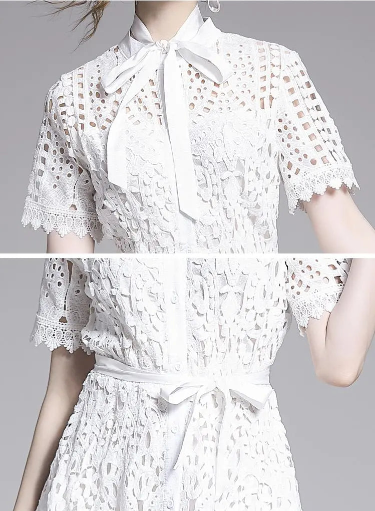 Lace Hollow Out Stand Collar Short Sleeve Dress High Waist Mid-calf Dress - Blade & Thread