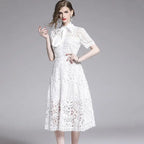Lace Hollow Out Stand Collar Short Sleeve Dress High Waist Mid-calf Dress nowadaysfashion