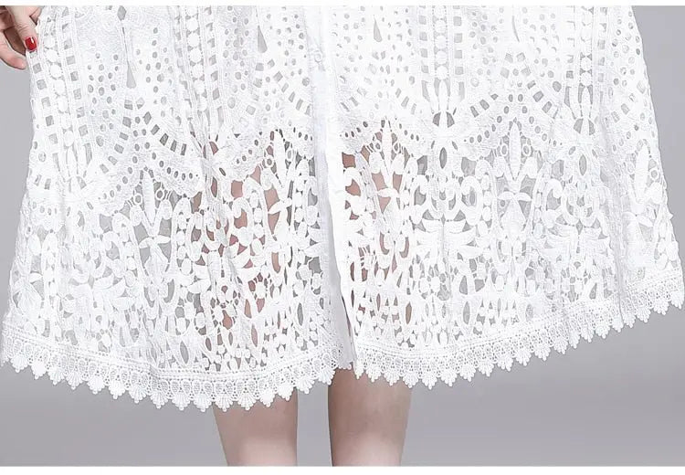 Lace Hollow Out Stand Collar Short Sleeve Dress High Waist Mid-calf Dress - Blade & Thread