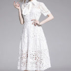 Lace Hollow Out Stand Collar Short Sleeve Dress High Waist Mid-calf Dress nowadaysfashion