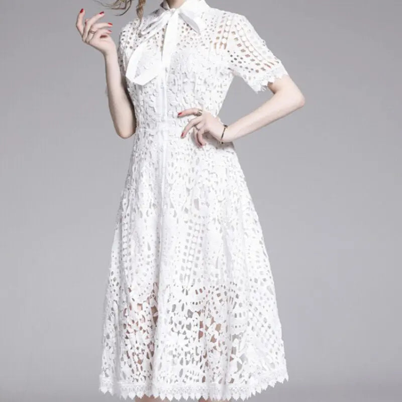 Lace Hollow Out Stand Collar Short Sleeve Dress High Waist Mid-calf Dress - Blade & Thread