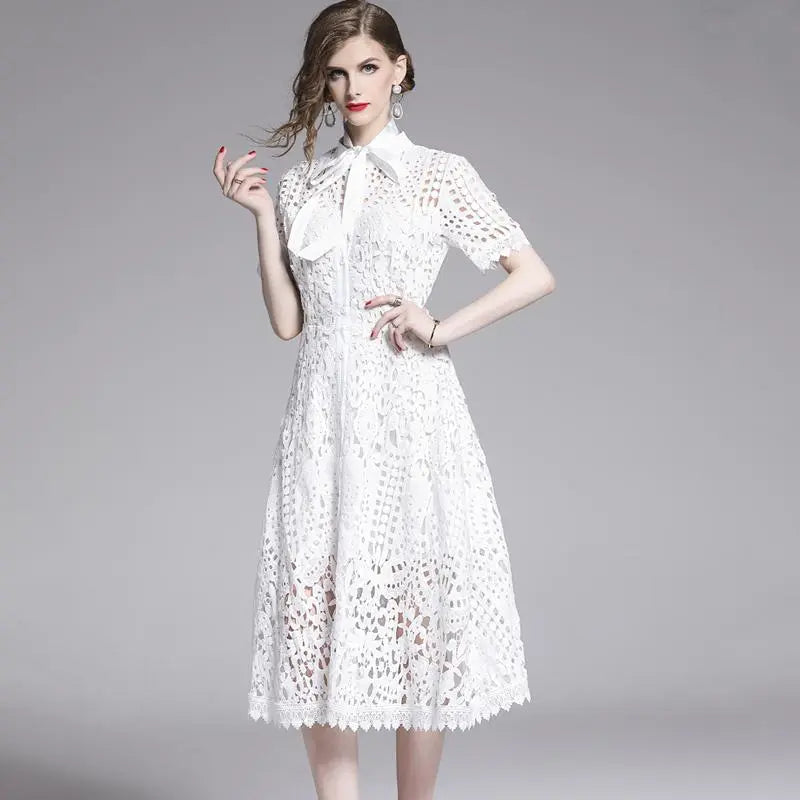 Lace Hollow Out Stand Collar Short Sleeve Dress High Waist Mid-calf Dress nowadaysfashion