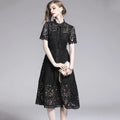 Lace Hollow Out Stand Collar Short Sleeve Dress High Waist Mid-calf Dress nowadaysfashion