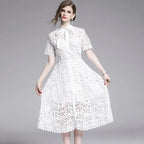 Lace Hollow Out Stand Collar Short Sleeve Dress High Waist Mid-calf Dress nowadaysfashion