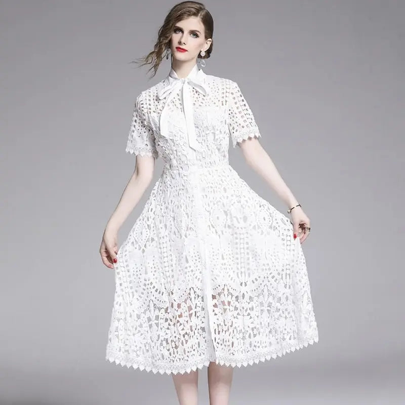 Lace Hollow Out Stand Collar Short Sleeve Dress High Waist Mid-calf Dress - Blade & Thread