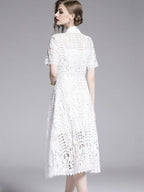 Lace Hollow Out Stand Collar Short Sleeve Dress High Waist Mid-calf Dress nowadaysfashion