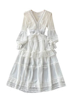 Lace Hollow Out White Dress Women Elegant V-neck Beach Holiday Style Dress nowadaysfashion