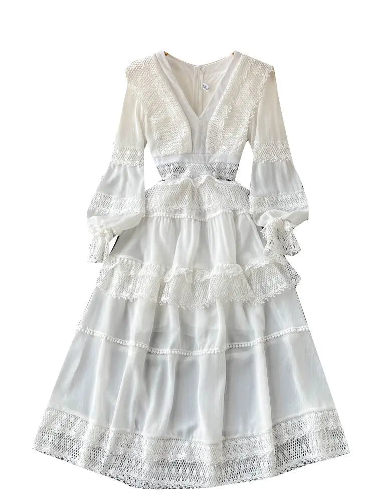 Lace Hollow Out White Dress Women Elegant V-neck Beach Holiday Style Dress - Blade & Thread