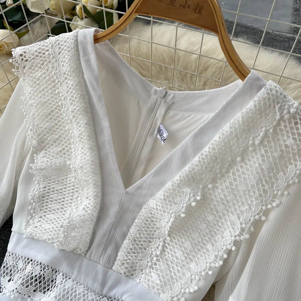 Lace Hollow Out White Dress Women Elegant V-neck Beach Holiday Style Dress nowadaysfashion