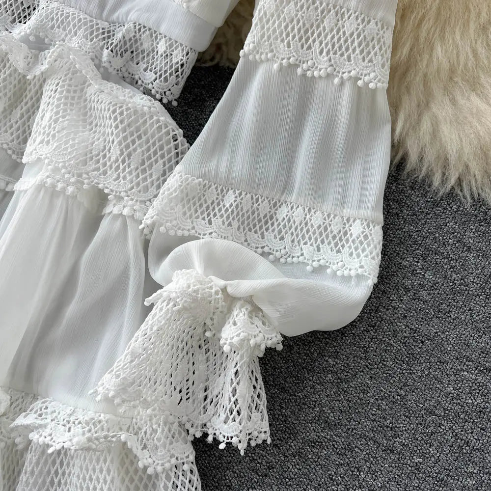 Lace Hollow Out White Dress Women Elegant V-neck Beach Holiday Style Dress nowadaysfashion