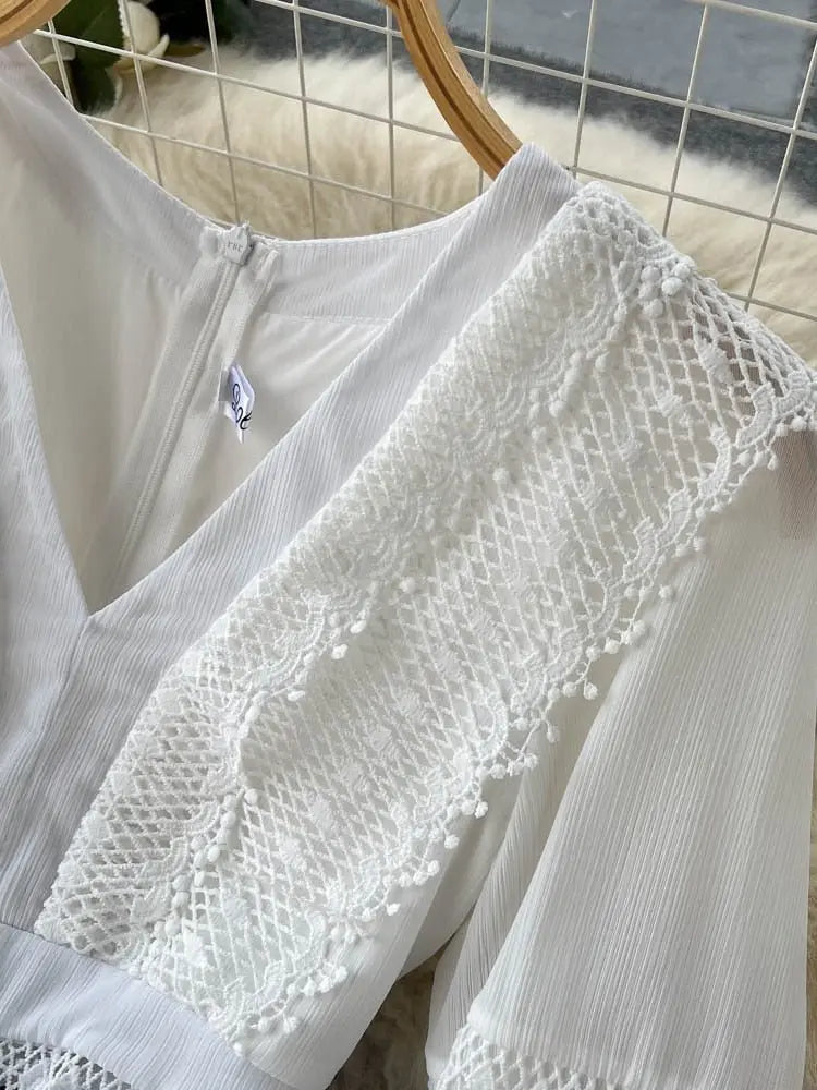 Lace Hollow Out White Dress Women Elegant V-neck Beach Holiday Style Dress nowadaysfashion