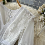 Lace Hollow Out White Dress Women Elegant V-neck Beach Holiday Style Dress nowadaysfashion