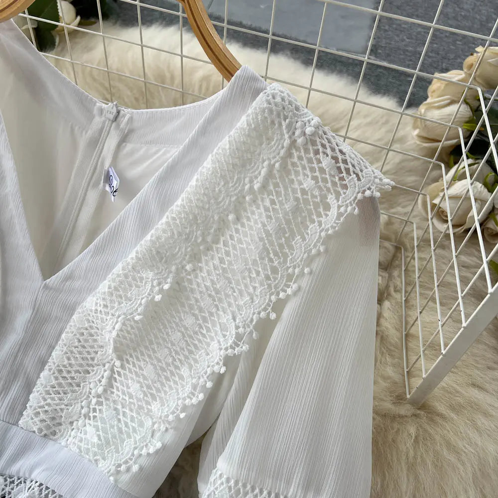 Lace Hollow Out White Dress Women Elegant V-neck Beach Holiday Style Dress - Blade & Thread