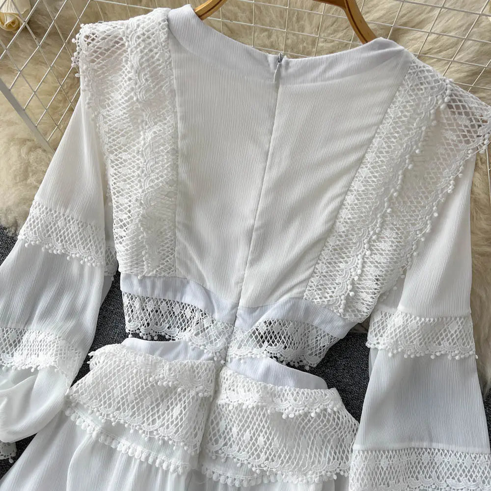 Lace Hollow Out White Dress Women Elegant V-neck Beach Holiday Style Dress - Blade & Thread