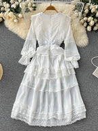 Lace Hollow Out White Dress Women Elegant V-neck Beach Holiday Style Dress nowadaysfashion