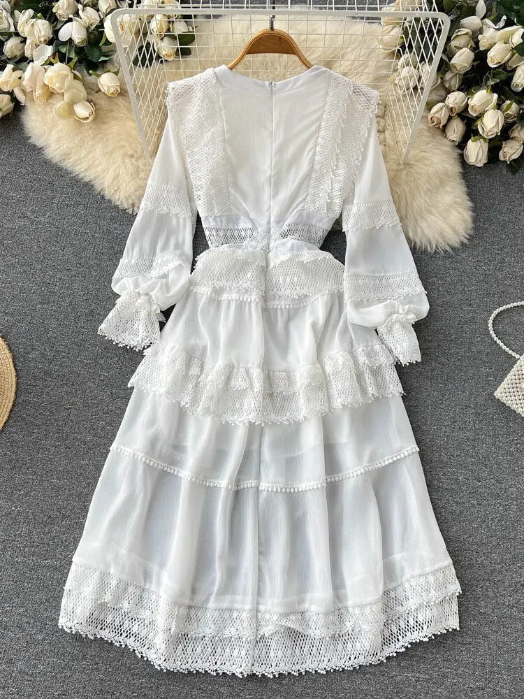 Lace Hollow Out White Dress Women Elegant V-neck Beach Holiday Style Dress - Blade & Thread