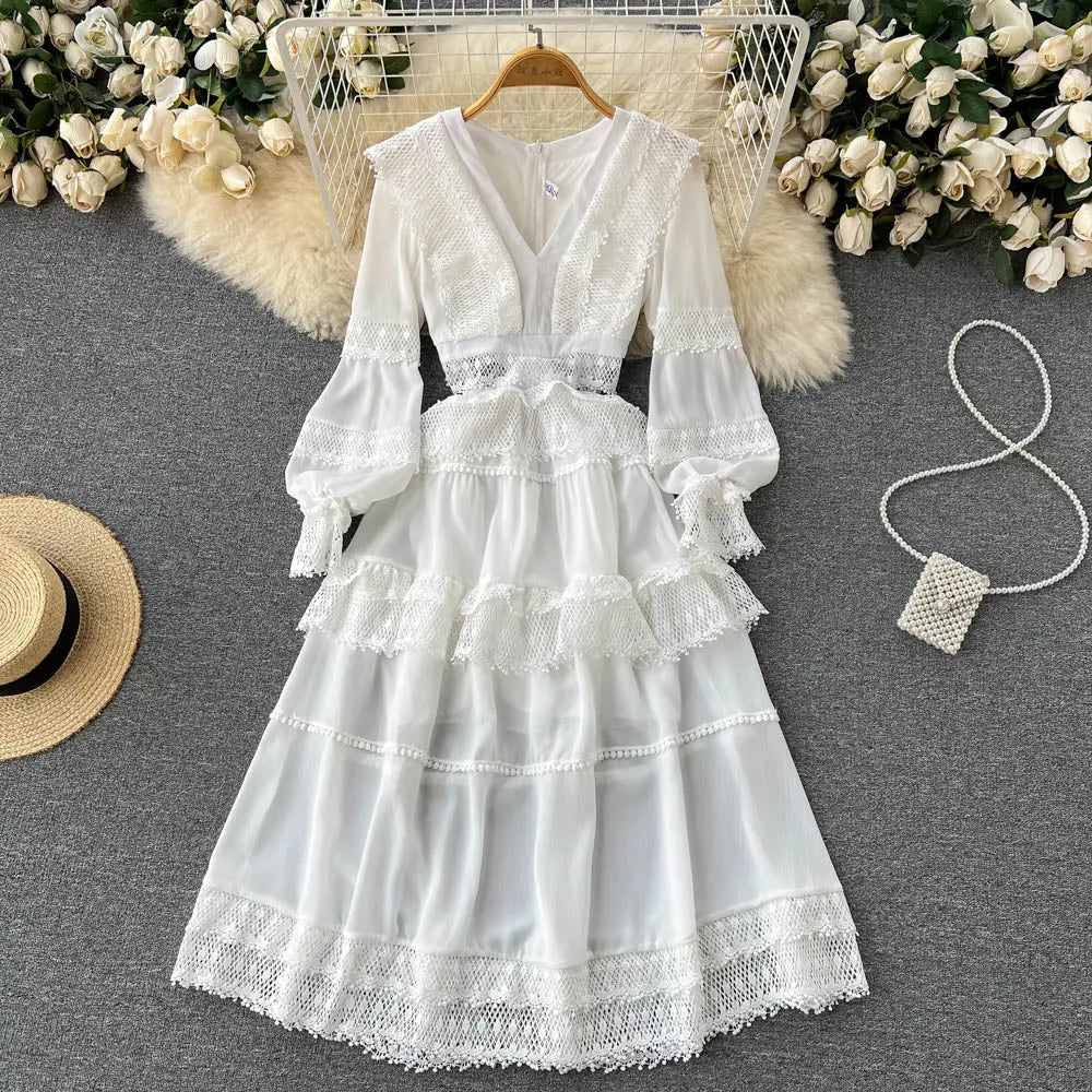 Lace Hollow Out White Dress Women Elegant V-neck Beach Holiday Style Dress - Blade & Thread