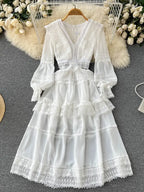 Lace Hollow Out White Dress Women Elegant V-neck Beach Holiday Style Dress nowadaysfashion