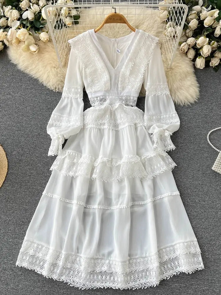 Lace Hollow Out White Dress Women Elegant V-neck Beach Holiday Style Dress - Blade & Thread