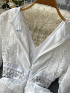 Lace Hollow Out White Dress Women Elegant V-neck Beach Holiday Style Dress nowadaysfashion
