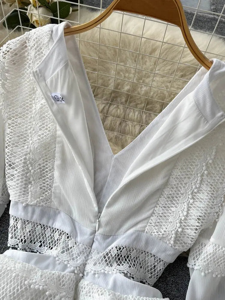 Lace Hollow Out White Dress Women Elegant V-neck Beach Holiday Style Dress - Blade & Thread