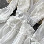 Lace Hollow Out White Dress Women Elegant V-neck Beach Holiday Style Dress nowadaysfashion