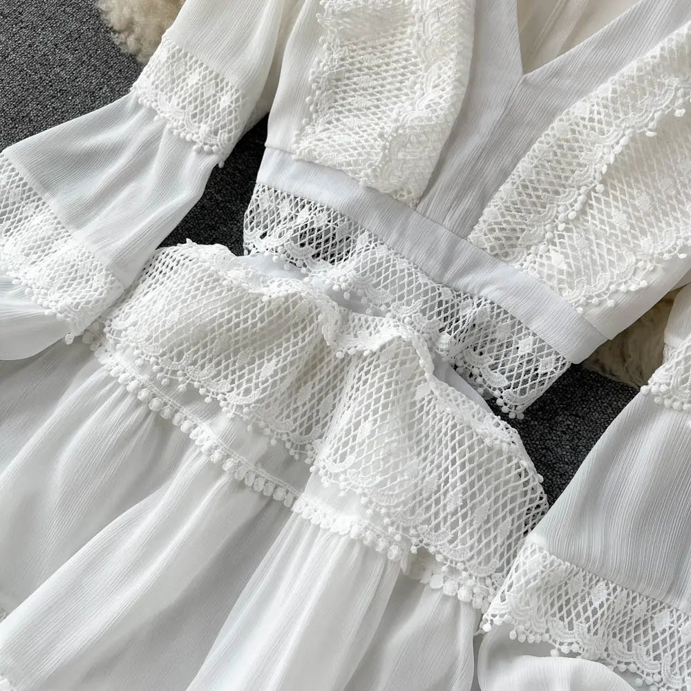 Lace Hollow Out White Dress Women Elegant V-neck Beach Holiday Style Dress nowadaysfashion