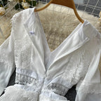 Lace Hollow Out White Dress Women Elegant V-neck Beach Holiday Style Dress nowadaysfashion
