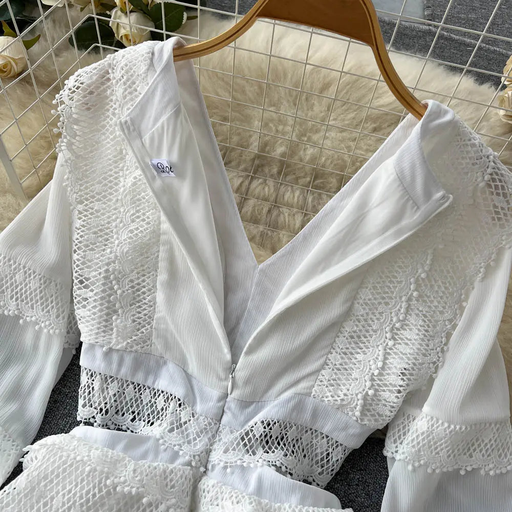 Lace Hollow Out White Dress Women Elegant V-neck Beach Holiday Style Dress nowadaysfashion