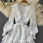 Lace Hollow Out White Dress Women Elegant V-neck Beach Holiday Style Dress nowadaysfashion
