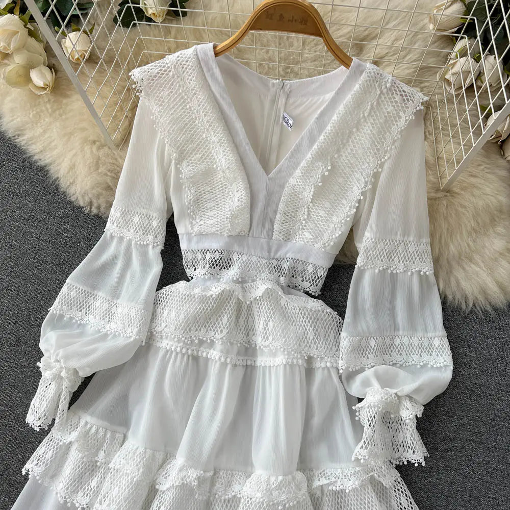 Lace Hollow Out White Dress Women Elegant V-neck Beach Holiday Style Dress nowadaysfashion