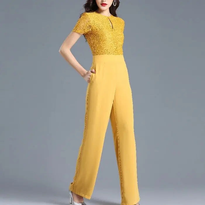 Lace Jumpsuit for Women 2022 Summer Short Sleeve Chiffon Wide Leg Rompers - Blade & Thread