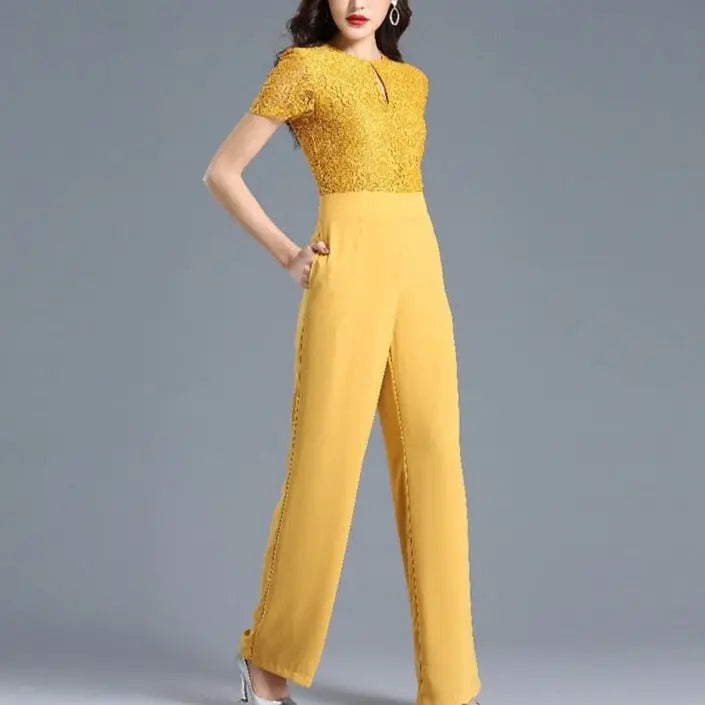 Lace Jumpsuit for Women 2022 Summer Short Sleeve Chiffon Wide Leg Rompers nowadaysfashion