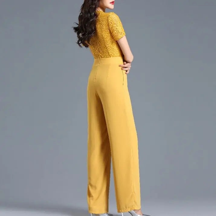 Lace Jumpsuit for Women 2022 Summer Short Sleeve Chiffon Wide Leg Rompers nowadaysfashion