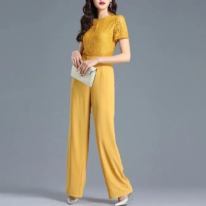 Lace Jumpsuit for Women 2022 Summer Short Sleeve Chiffon Wide Leg Rompers - Blade & Thread