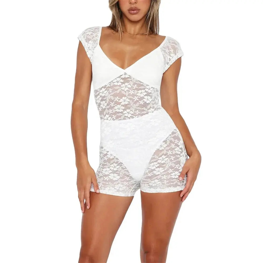 Lace See Through Playsuit Sexy V-neck Short Jumpsuit Romper - Blade & Thread